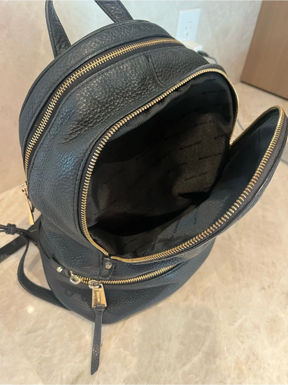 Michael Kors Black Pebbled Leather Backpack with Gold Hardware